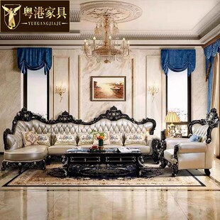 欧式 复古奢华客厅别墅贵妃L型组合皮艺沙发 实木真皮转角沙发美式