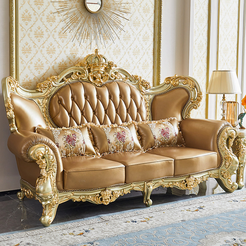 欧式实木雕花沙发 美式奢华客厅酒店沙发香槟金豪华家具124皮沙发