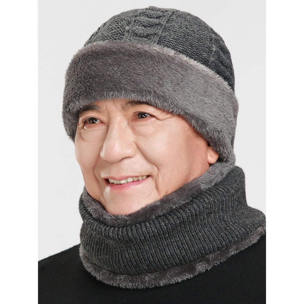 毛线帽男中老年爸爸冬帽加绒毛线针织帽子围巾老人保暖护耳棉帽子