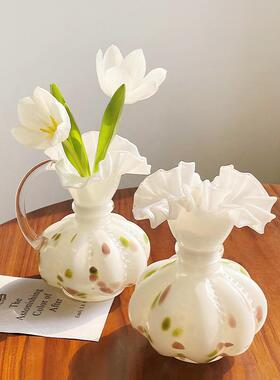 中古fenton芬顿花瓶褶皱花边白色单耳玻璃客厅水养插花器摆件