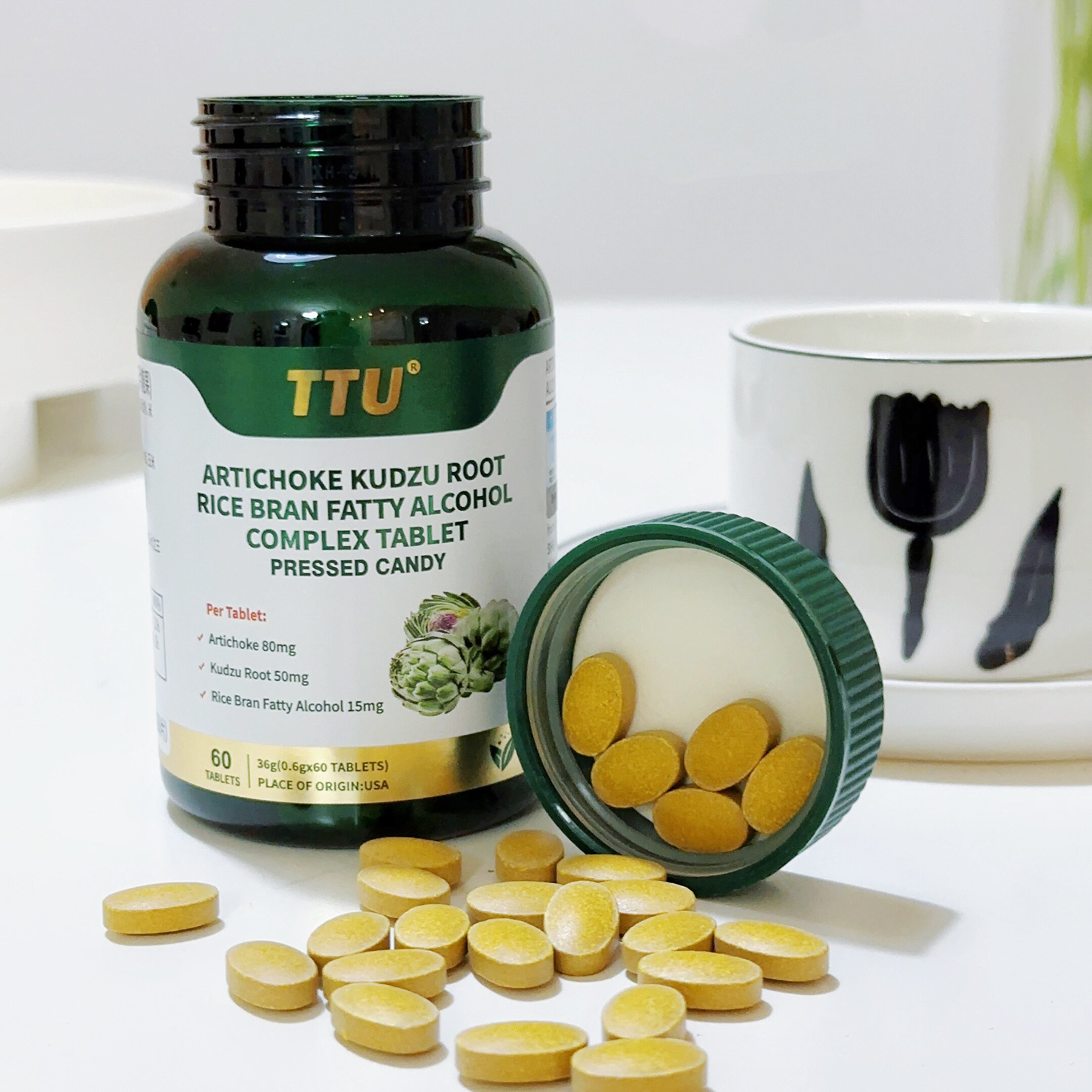 TTU朝鲜蓟葛根米糠脂肪烷醇压片糖果美国进口60片咀嚼温和营养
