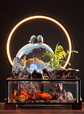 大师艺术高端新中式假山转运球摆件灯圈鱼缸客厅创意礼品