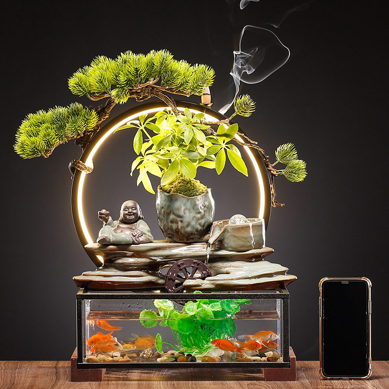大师艺术高端新中式假山转运球摆件灯圈鱼缸客厅创意礼品
