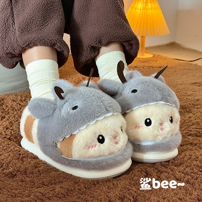 冬季男女情侣款软底防滑保暖毛毛鞋鲨鱼蜜蜂鲨bee包跟棉拖鞋