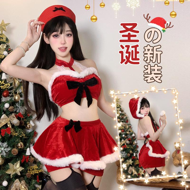 圣诞主题套装女性感挂脖超短裙