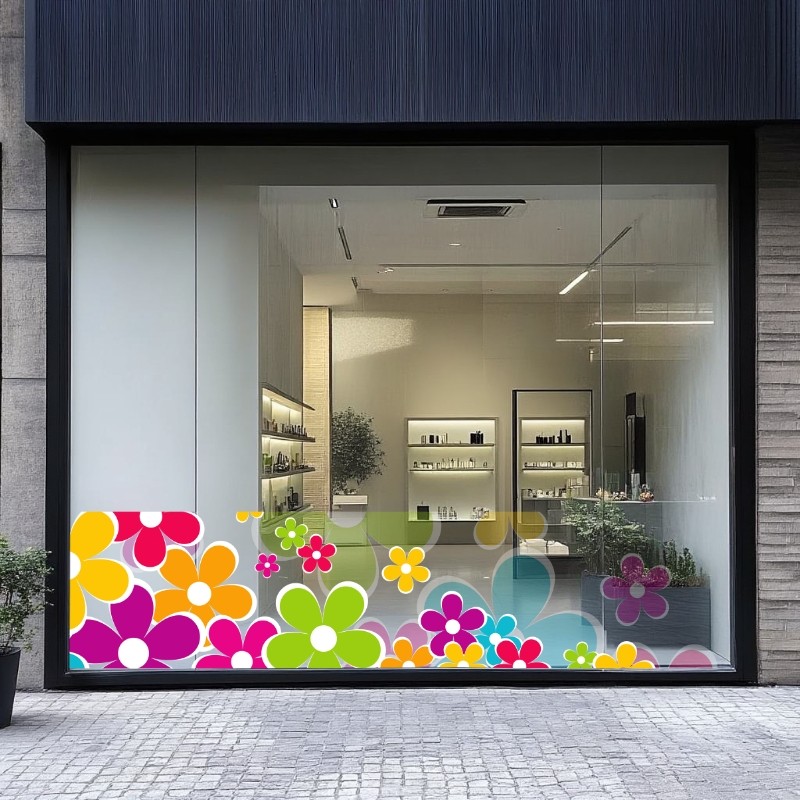 简约多彩花朵腰线商场超市服装店珠宝店饰品店等橱窗门窗玻璃贴纸