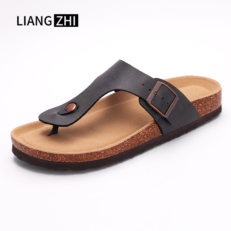 休闲软木底夏季沙滩防滑真皮拖鞋