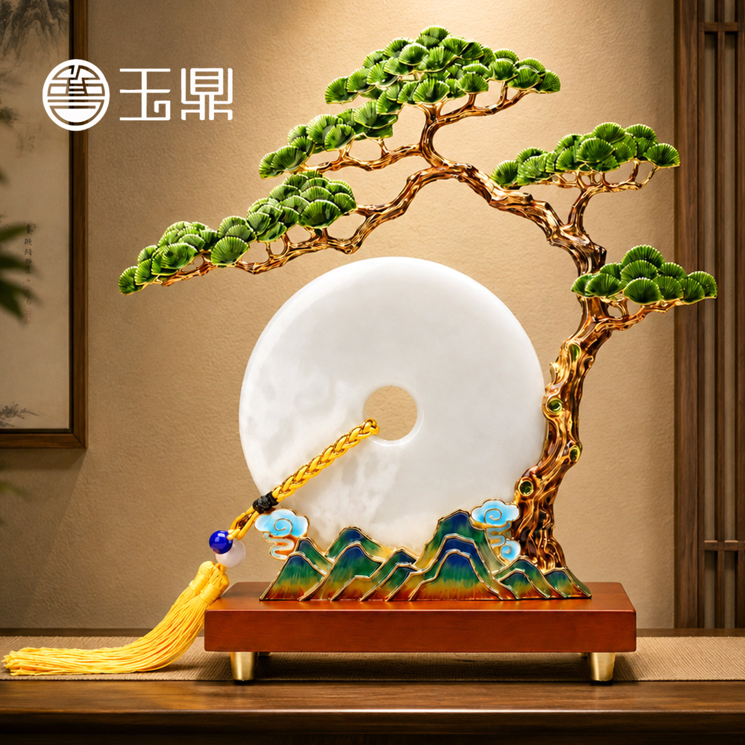 珐琅彩迎客松摆件高档玉石平安扣图片