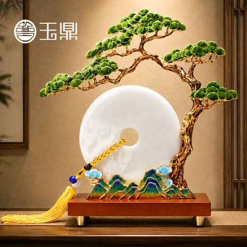 珐琅彩迎客松摆件高档玉石平安扣