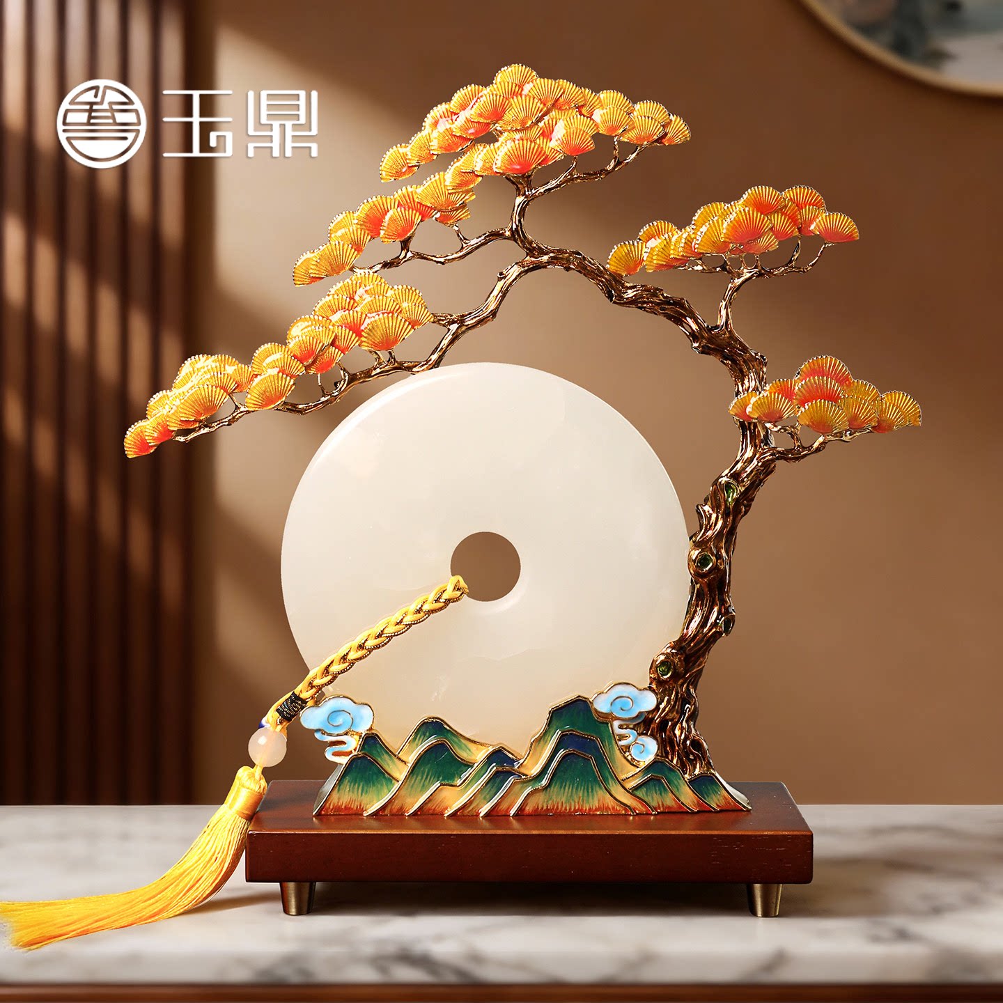 迎客松摆件玉石平安扣招财工艺品客厅玄关办公室装饰乔迁开业礼物