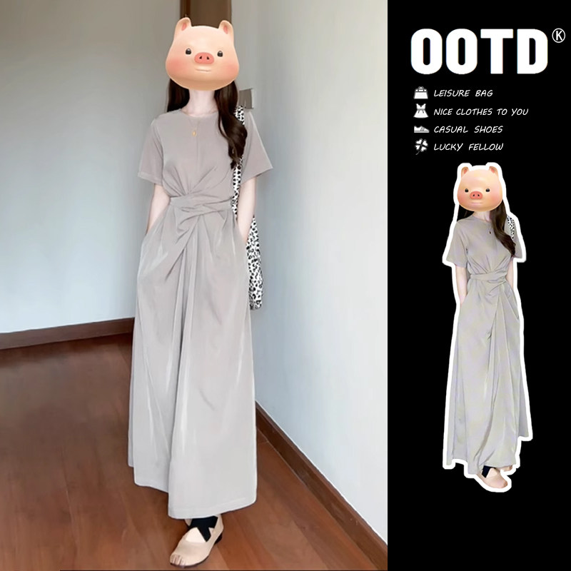 韩系慵懒风交叉绑带收腰连衣裙子女2025新款夏季小众设计显瘦长裙