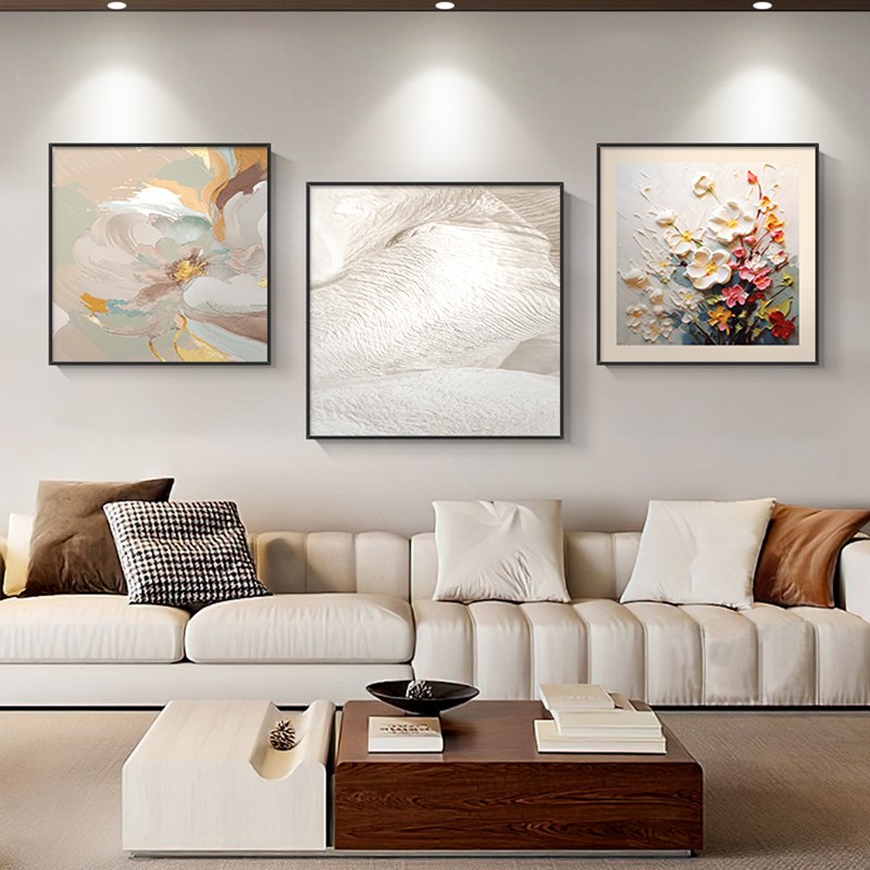 雪川奶油风客厅装饰画现代简约正方形组合挂画抽象花卉玄关壁画图片
