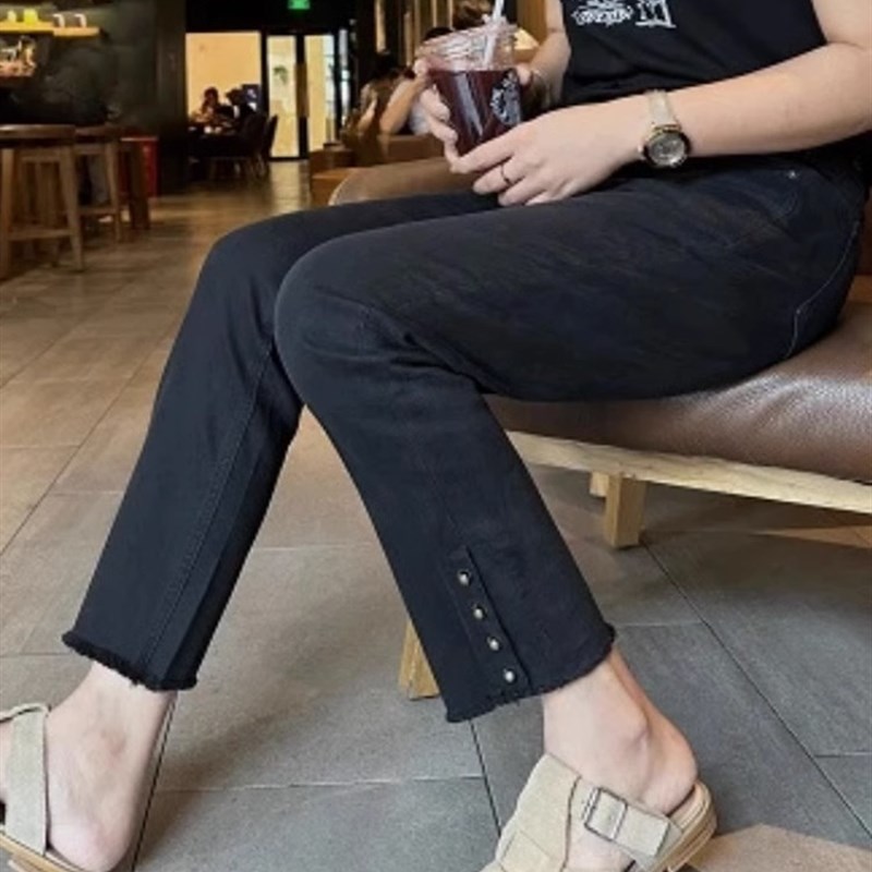 2023秋季新款大尺码弹力黑色直筒牛仔裤女胖mm梨型身材显瘦烟管裤