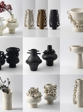 复古怀旧侘寂风新中式创意陶瓷链条花瓶摆件样Q板间酒店果盘装饰