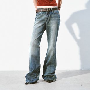 introutro经典复古风蓝水洗低腰显瘦微喇薄款牛仔裤通勤百搭裤子