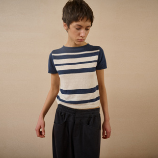 introutro亚麻条纹撞色圆领短款复古风套头通勤百搭针织短袖上衣