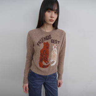 introutro“Best Friends”猫咪图案羊驼毛圆领宽松复古套头毛衫