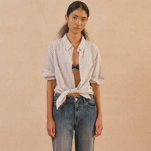 introutro卷袖条纹休闲风纯眠短款宽松百搭通勤透气短袖衬衫上衣