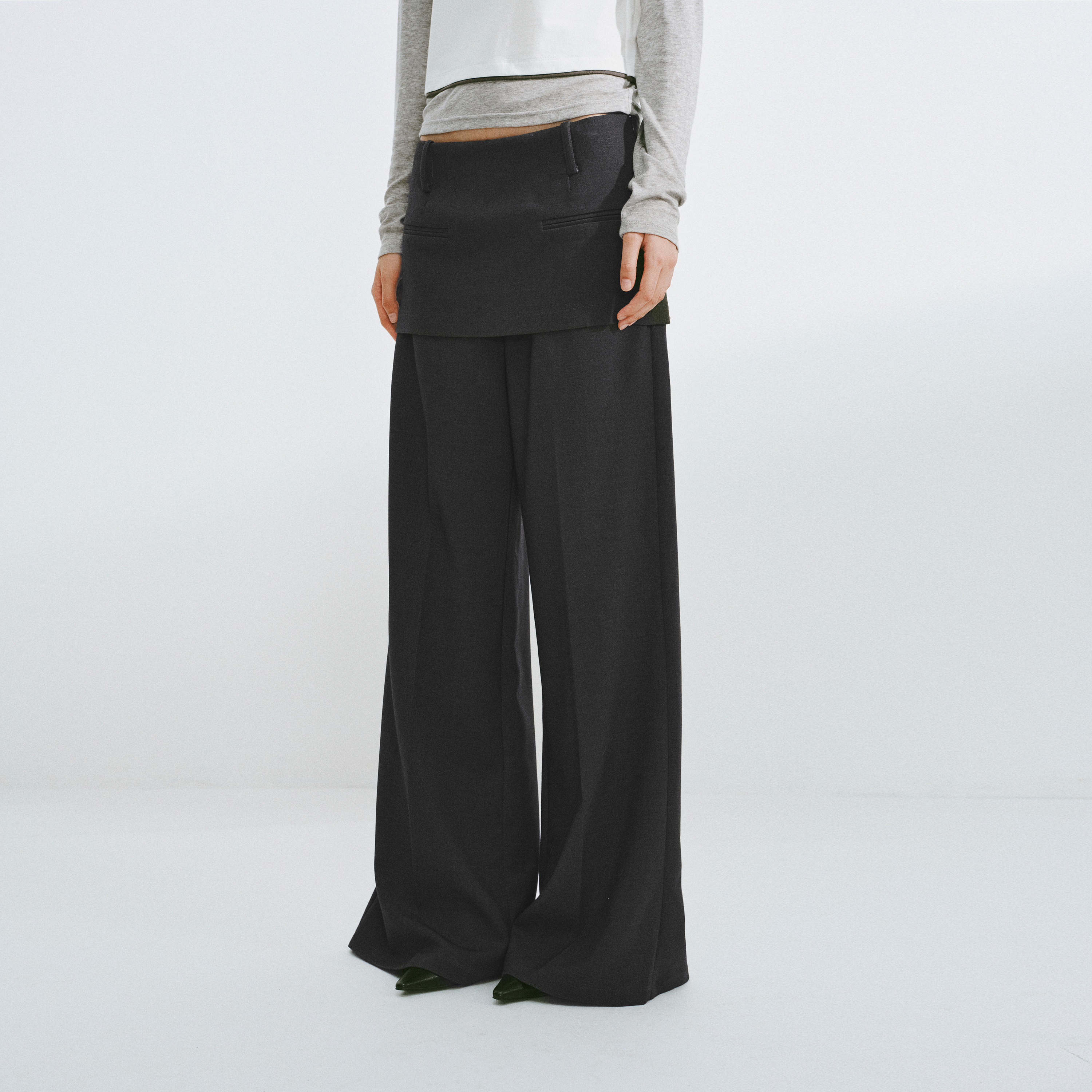 introutro深灰色假两件西装阔腿裤裙复古休闲通勤百搭假两件裤子