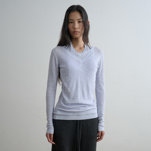 introutro竹节棉薄透两件式针织长袖薄款V领套头百搭通勤修身上衣