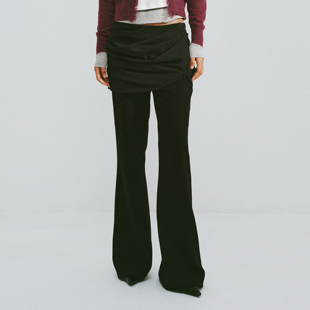 introutro雪纺褶皱假两件羊毛混纺裙裤百搭休闲复古微喇通勤裤子