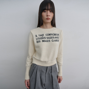 introutro复古法文套头毛衫纯棉宽松通勤修身针织字母印花毛衣女