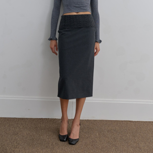 introutro毛织拼接直筒毛呢半裙复古风微弹高腰修身型通勤裙子女