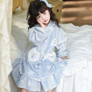 艾莎秋冬女童法兰绒珊瑚绒家居服睡衣套装睡袍爱莎裙子公主可爱风