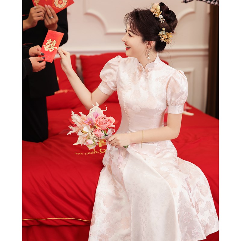 粉色旗袍连衣裙2025秋季新款新娘结婚回门新中式改W良敬酒礼服日