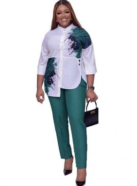 极速2 Piece Set Womepn Slim Solid Pants And 3/4 Sleeve Stand