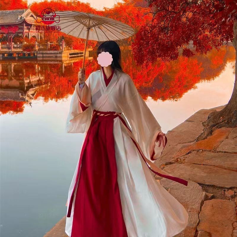 速发故里新款红色汉服女侠风魏晋齐腰古装大袖衫古风舞蹈演出服中