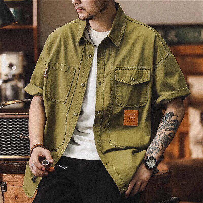 新品大码300斤美式复古工装短袖衬衫男夏季O宽松外套重磅纯棉休闲