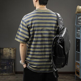 T恤男复古宽松大码 条纹休闲短袖 半袖 夏季 新品 纯棉海魂衫 202c5新款