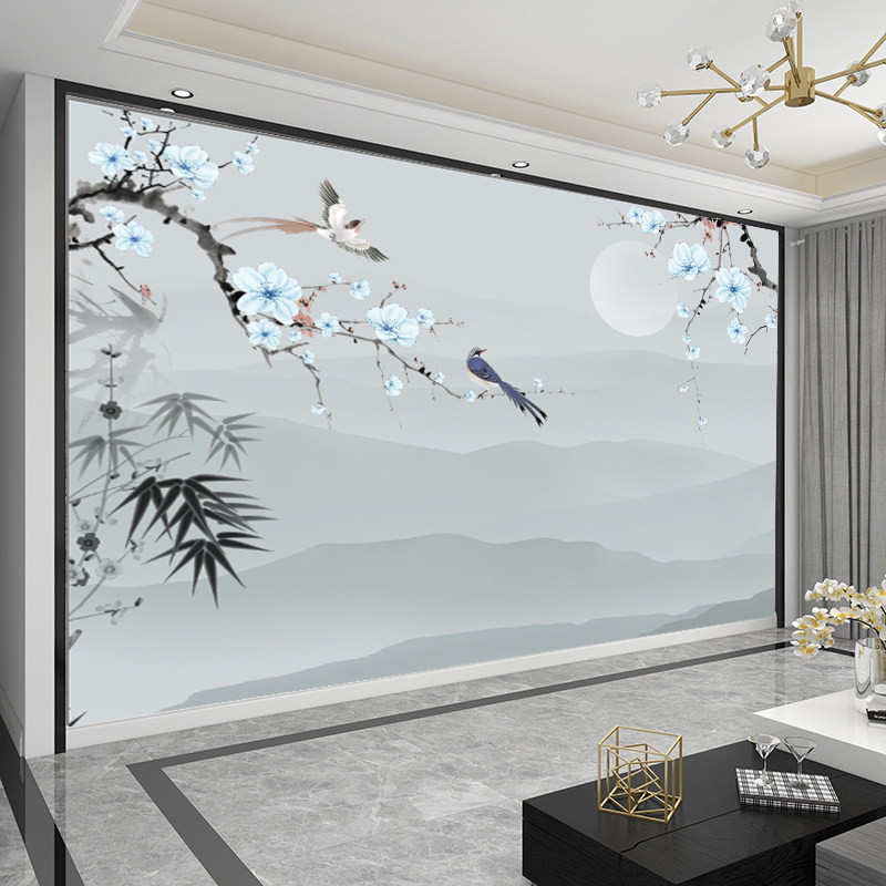新品2022新中式卧室q床头背景墙布装饰壁画壁布主卧墙纸花鸟壁纸