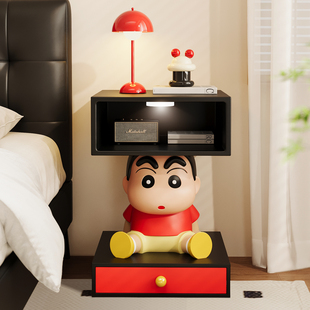 蜡笔小新床头柜子置物架卡通创意儿童房床头小边几收纳柜带感应灯