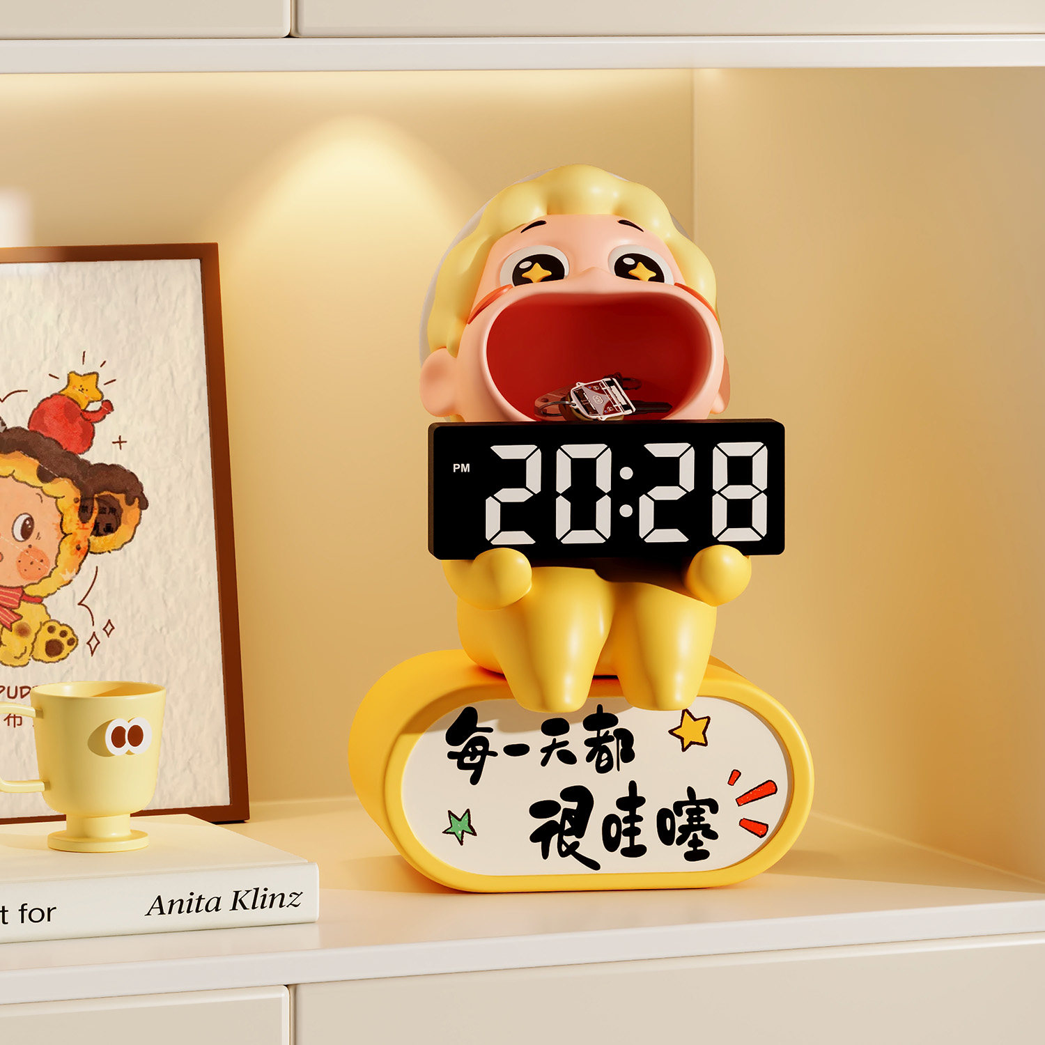 创意欢迎回家玄关钥匙收纳摆件高级感小众钟表摆台式电子数字时钟