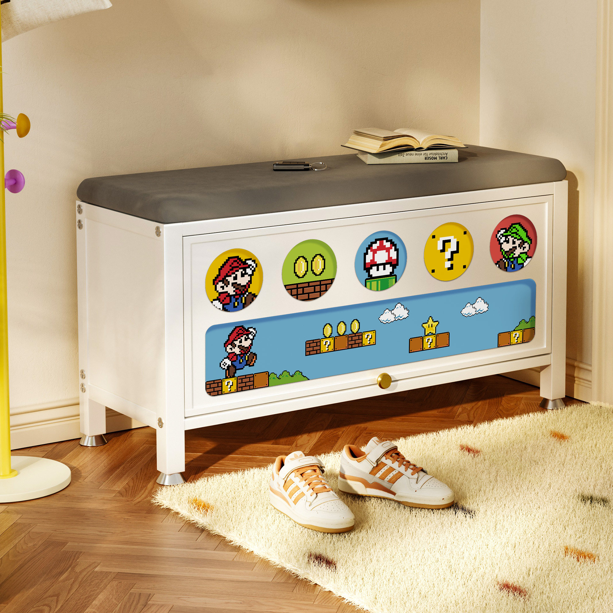 马里奥换鞋凳家用门口2025新款钢制铁艺鞋柜穿鞋凳一体长凳大容量,住宅家具,换鞋凳,淘宝优惠券,粉丝福利购,淘宝优惠卷