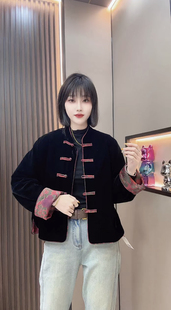 新中式国风盘扣丝绒真丝提花双面穿加棉外套女2024秋薄棉唐装上衣