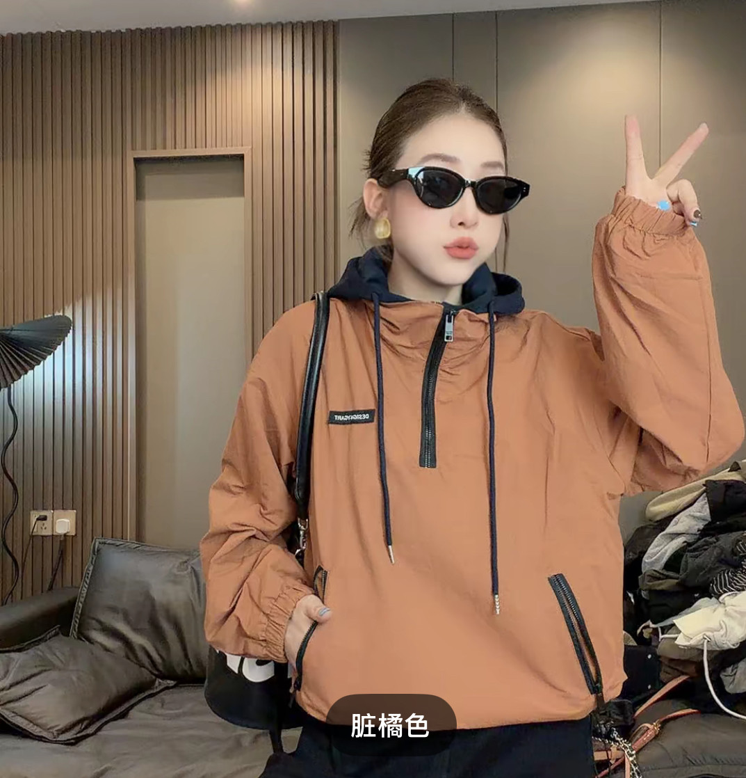假两件连帽套头风衣外套女2026春款长袖宽松显瘦百搭休闲夹克上衣图片