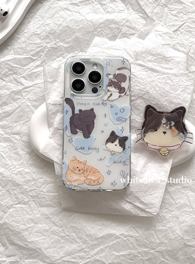 盐白茶ins小众可爱细闪蓝色块猫咪适用苹果16ProMax手机壳iPhone13全包14Pro新款高级感15ProMax卡通保护套女