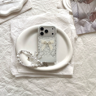 盐白茶ins气质温柔白色镂空蕾丝立体蝴蝶结适用苹果17ProMax手机壳iPhone16小众15新款 14高级感13保护套女冬