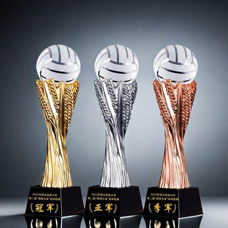 创意水晶树脂排球比赛奖杯冠亚季军金银铜送证书免费刻字定制