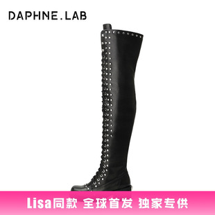Lisa同款DAPHNE LAB方糖铆钉绑带过膝靴26春时装靴女鞋增高时髦