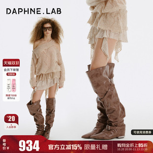 DAPHNELAB方糖金属坡跟尖头过膝靴26秋冬高跟两穿长筒时装靴子女