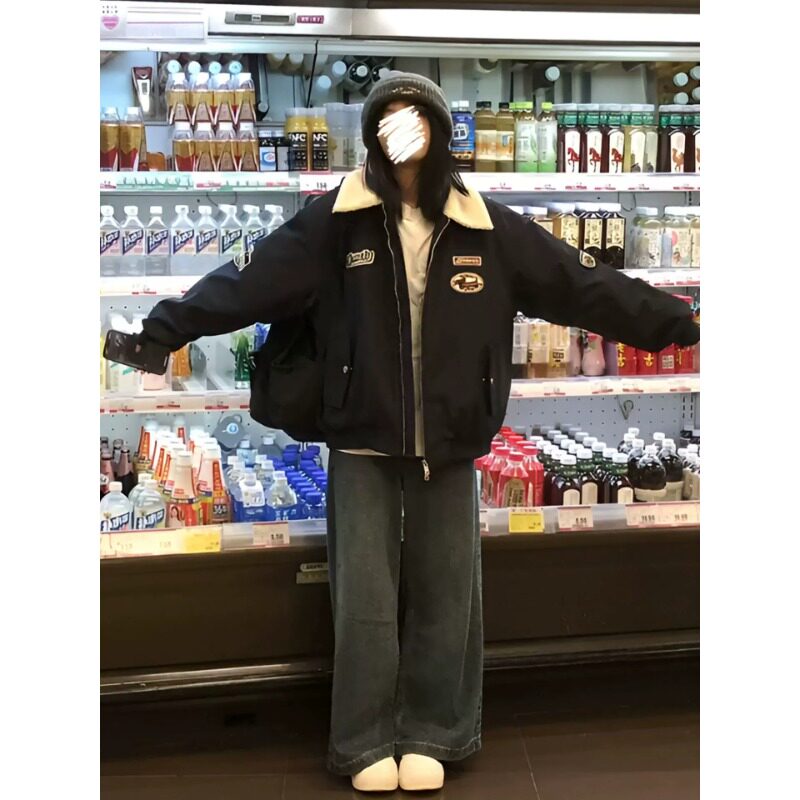 美式复古羊羔毛翻领加厚棒球服