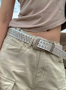 女士Y2K水钻皮带欧美风格女款嘻哈针扣皮带加长腰带牛仔风格皮带