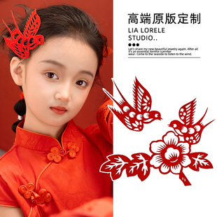 儿童新中式新年红色剪纸边夹喜鹊国风古风汉服发饰发簪发夹写真配