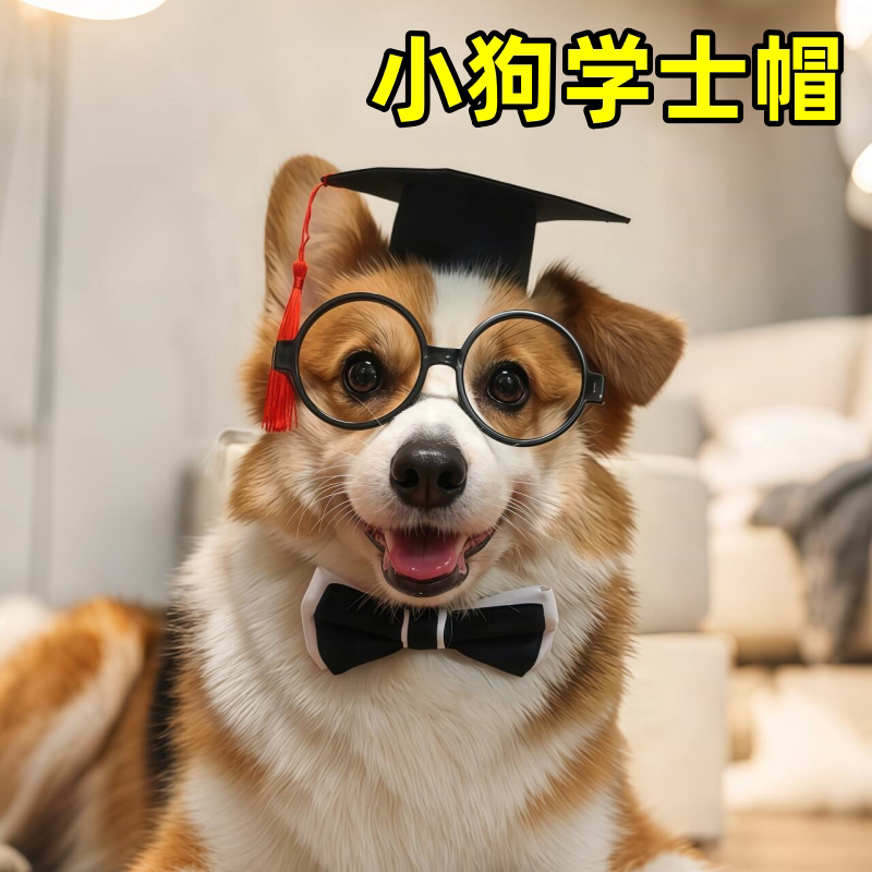小狗学士帽狗狗领结眼镜配饰拍照道具宠物学士服猫咪博士毕业帽子