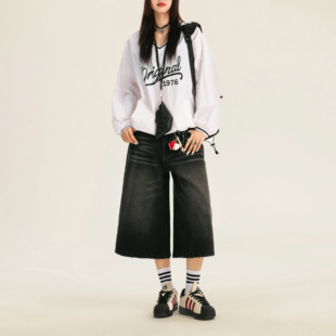 高街设计阔腿牛仔裤 复古宽松水洗做旧七分裤 无须美式 worxurnn