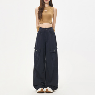 worxurnn/无须美式复古高腰显瘦大口袋阔腿裤时尚通勤工装牛仔裤